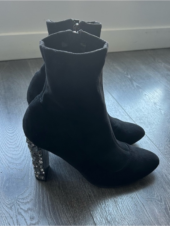 Le Chateau x Roxy Earle Black Suede Ankle Boots with Jeweled Block Heels - Picture 2 of 6